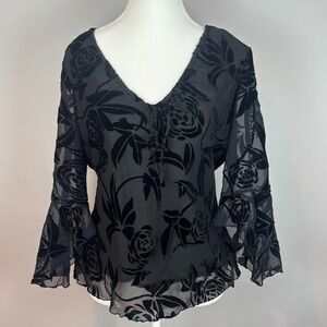 Anne Carson Womens Black Burnout Velvet Floral Whimisgoth Witchy Sheer Top SZ‎ M